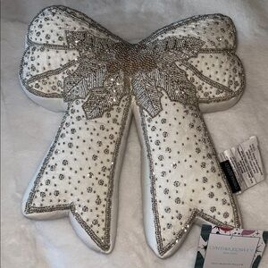 Cynthia Rowley White With Silver Sequins Bow Shaped Pillow New